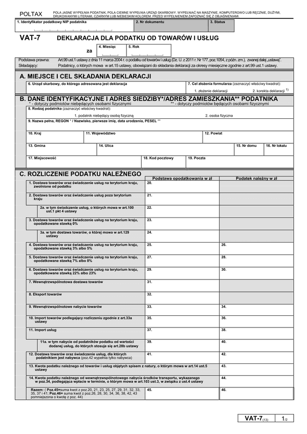 VAT-7 (13) (archiwalny) Deklaracja dla podatku od towarów i usług