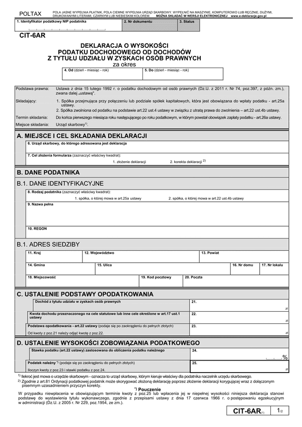 CIT-6AR (1) (archiwalny) Deklaracja o wysokości podatku dochodowego od dochodów z tytułu udziału w zyskach osób prawnych