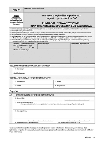 KRS-X1 Wniosek o wykreślenie podmiotu z rejestru przedsiębiorców - fundacja, stowarzyszenie, inna organizacja społeczna lub zawodowa