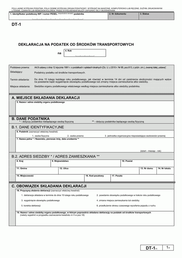 DT-1 (4) (archiwalny) Deklaracja na podatek od środków transportowych
