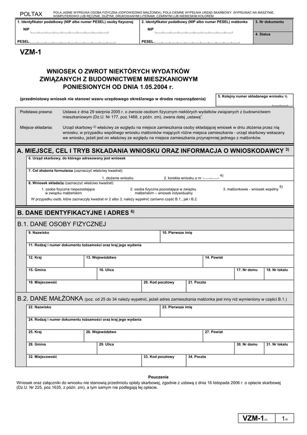 VZM-1 (5) (2011-2013)  (archiwalny) Wniosek o zwrot niektórych wydatków związanych z budownictwem mieszkaniowym poniesionych od dnia 1.05.2004 r.
