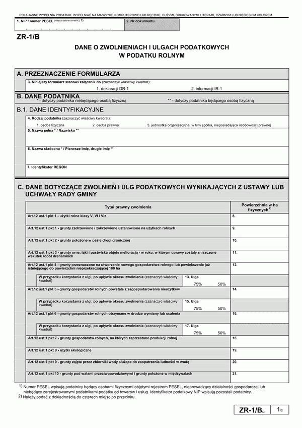 ZR-1/B  (2) (archiwalny) Dane o zwolnieniach i ulgach podatkowych w podatku rolnym