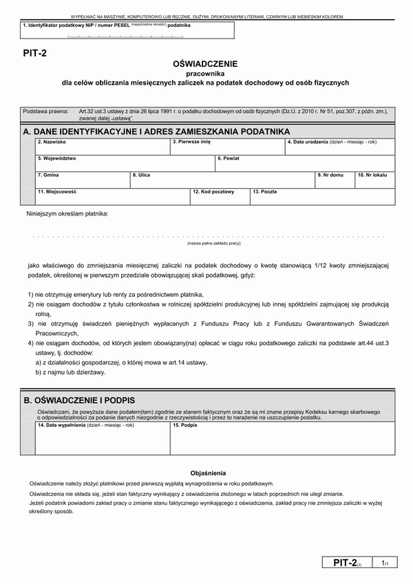 PIT-2 (3) (2011, 2012) (archiwalny) Oświadczenie pracownika dla celów obliczania miesięcznych zaliczek na podatek dochodowy od osób fizycznych