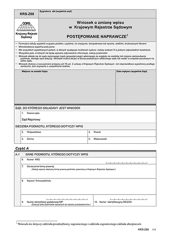 KRS-Z68 Wniosek o zmianę wpisu w Krajowym Rejestrze Sądowym - postępowanie naprawcze
