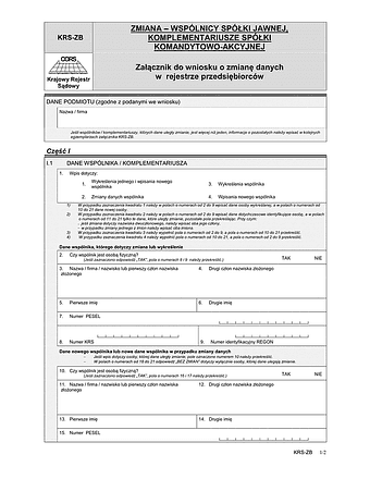 KRS-ZB Zmiana - wspólnicy spółki jawnej, komplementariusze spółki komandytowo-akcyjnej - załącznik do wniosku o zmianę danych w rejestrze przedsiębiorców