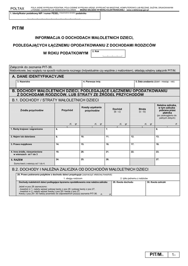 PIT/M (5) (2011, 2012) (archiwalny) Informacja o dochodach małoletnich dzieci, podlegających łącznemu opodatkowaniu z dochodami rodziców