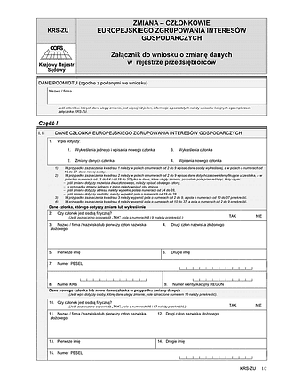 KRS-ZU Zmiana - członkowie europejskiego zgrupowania interesów gospodarczych - załącznik do wniosku o zmianę danych w rejestrze przedsiębiorców