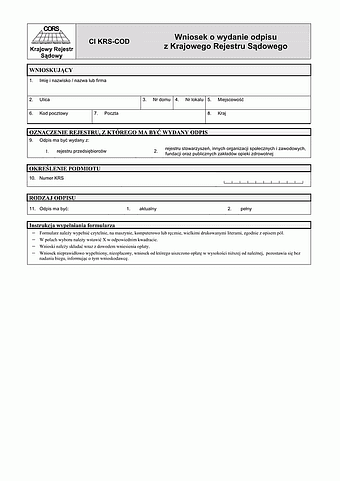 CI KRS-COD Wniosek o wydanie odpisu z Krajowego Rejestru Sądowego