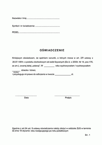 ZUS WO Wzór oświadczenia (ulga z tytułu wychowania dzieci)