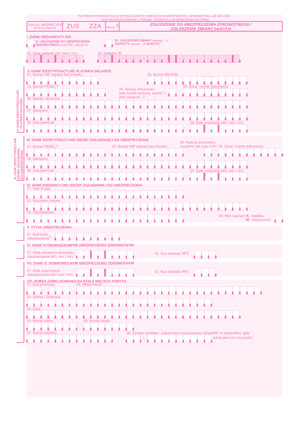 ZUS ZZA  (archiwalny) Zgłoszenie do ubezpieczenia zdrowotnego / zgłoszenie zmiany danych