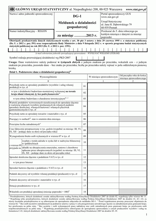 GUS DG-1 (do X 2013) (archiwalny) Meldunek o działalności gospodarczej za rok 2013