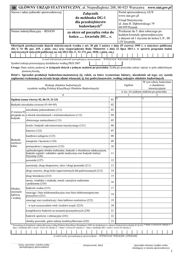 GUS DG-1 ZAŁ (2012) (archiwalny) Załącznik do meldunku DG-1 dla przedsiębiorstw budowlanych