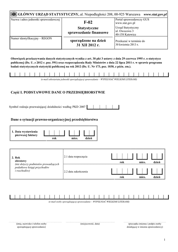 GUS F-02 (2012) (archiwalny) Statystyczne sprawozdanie finansowe