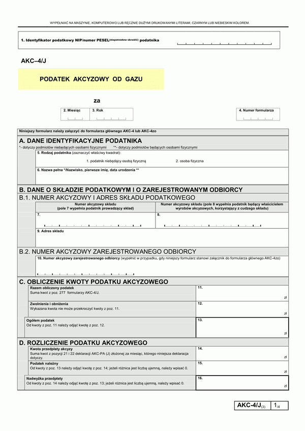 AKC-4/J (3) (od 2012) (archiwalny) Podatek akcyzowy od gazu