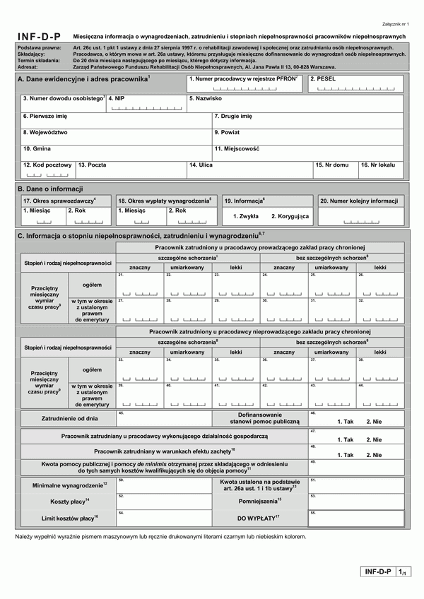 PFRON INF-D-P (archiwalny) Miesięczna informacja o wynagrodzeniach, zatrudnieniu i stopniach niepełnosprawności pracowników niepełnosprawnych
