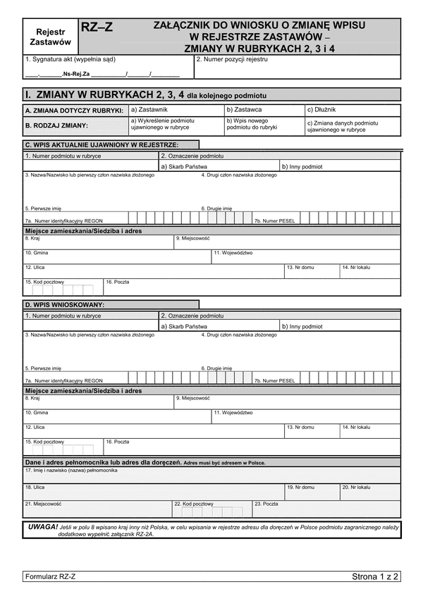RZ-Z Załącznik do wniosku o zmianę wpisu w rejestrze zastawów - zmiany w rubrykach 2, 3 i 4