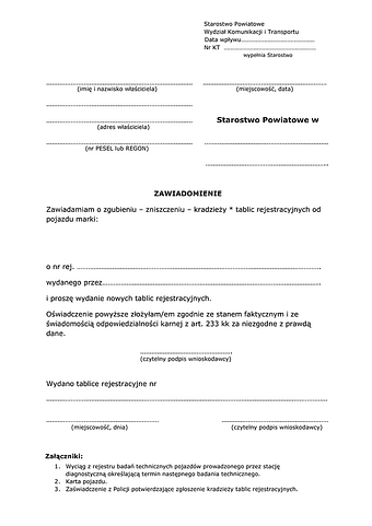 ZZTR Zawiadomienie o zgubieniu/zniszczeniu/kradzieży tablic rejestracyjnych