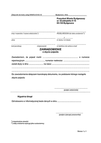 ZZP-B Zawiadomienie o zbyciu pojazdu Bydgoszcz