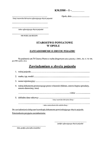 ZZP-Op Zawiadomienie o zbyciu pojazdu Opole