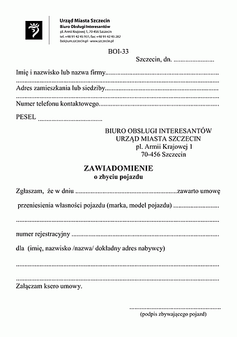 ZZP-Sz Zawiadomienie o zbyciu pojazdu Szczecin