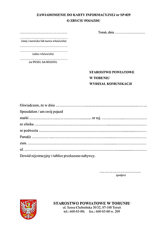 ZZP-T Zawiadomienie do karty informacyjnej nr SP-029 o zbyciu pojazdu Toruń