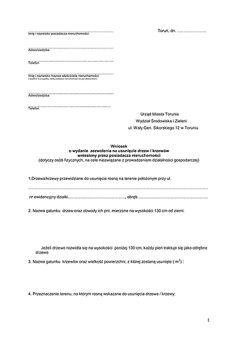 WWD-T Wniosek o wydanie zezwolenia na usunięcie drzew/krzewów wniesiony przez posiadacza nieruchomości Toruń