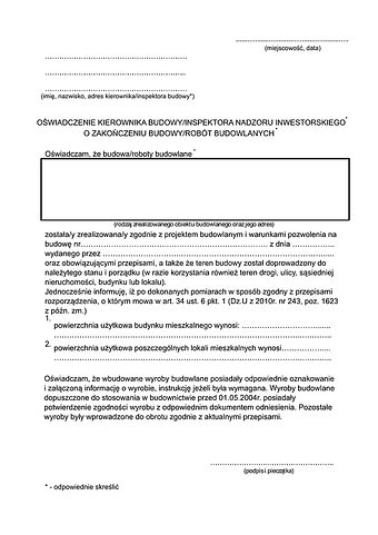 OKBZR-Ł Oświadczenie kierownika budowy/Inspektora nadzoru inwestorskiego o zakończeniu budowy/robót budowlanych Łódź