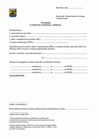 WZIN-Kat Wniosek o zmianę imienia i nazwiska Katowice