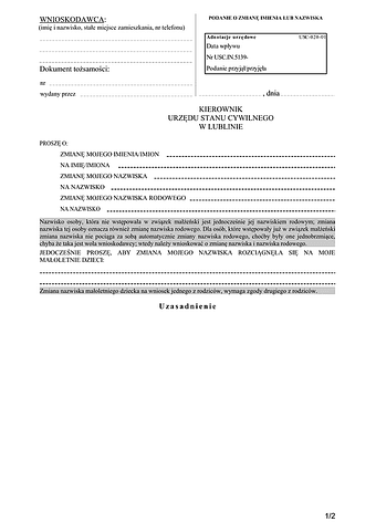 WZIN-L(Op) Wniosek o zmianę imienia i nazwiska Lublin (osoba pełnoletnia) Lublin