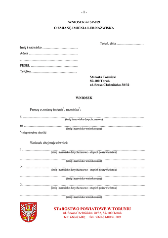 WZIN-T Wniosek o zmianę imienia i nazwiska Toruń