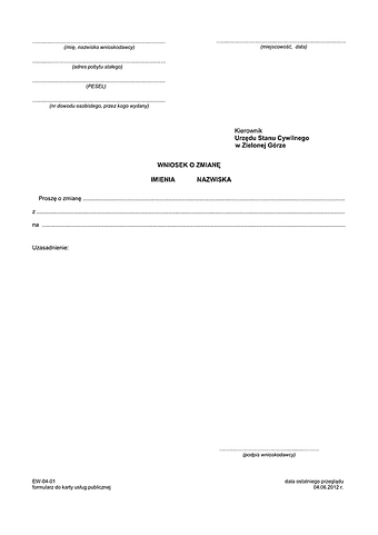 WZIN-ZG Wniosek o zmianę imienia i nazwiska Zielona Góra