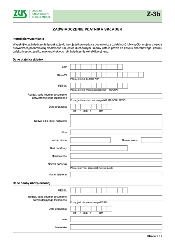 ZUS Z-3b  (archiwalny) Zaświadczenie płatnika składek - z wysyłką do PUE ZUS