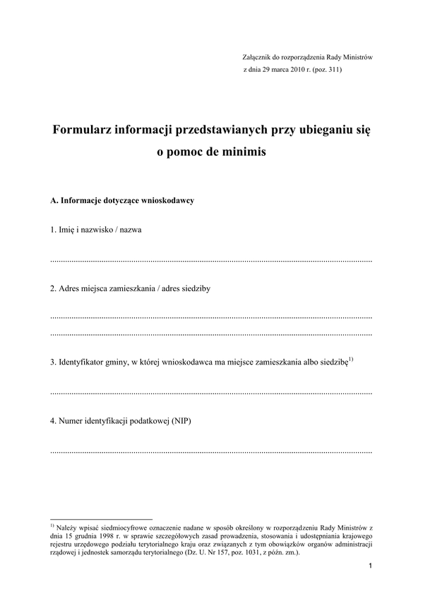 PFRON INF-O-P-dM (archiwalny) Formularz informacji przedstawianych przy ubieganiu się o pomoc de minimis