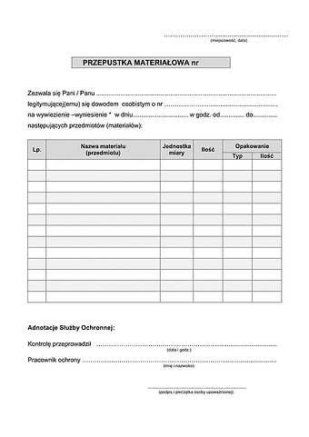 PM Przepustka materiałowa