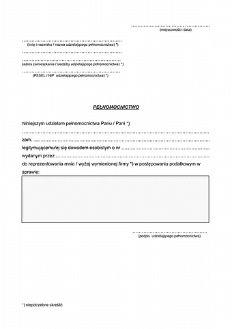 PRPP Pełnomocnictwo do reprezentowania w postępowaniu podatkowym