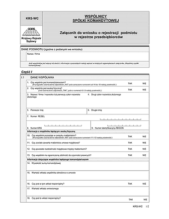 KRS-WC Wspólnicy spółki komandytowej - załącznik do wniosku o rejestrację podmiotu w rejestrze przedsiębiorców
