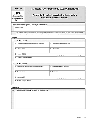 KRS-WJ Reprezentant podmiotu zagranicznego - załącznik do wniosku o rejestrację podmiotu w rejestrze przedsiębiorców