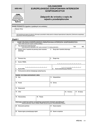 KRS-WU Członkowie europejskiego zgrupowania interesów gospodarczych - załącznik do wniosku o wpis do rejestru przedsiębiorców