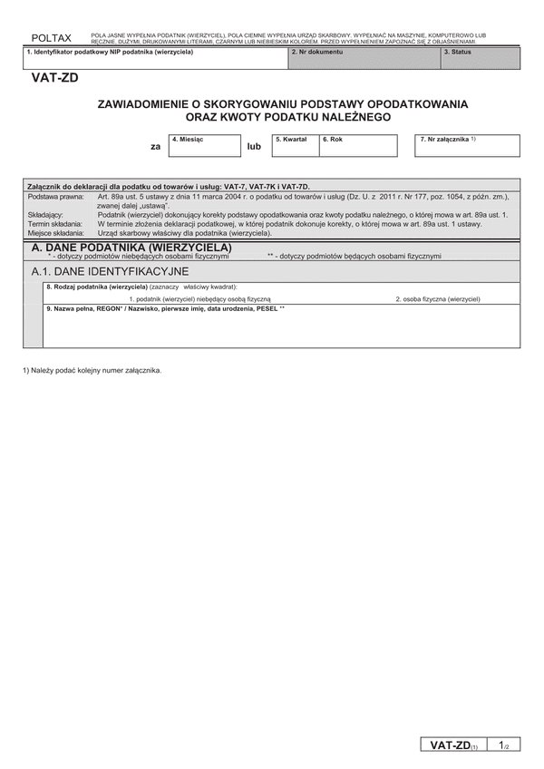 VAT-ZD (1) (archiwalny) Zawiadomienie o skorygowaniu podstawy opodatkowania oraz kwoty podatku należnego