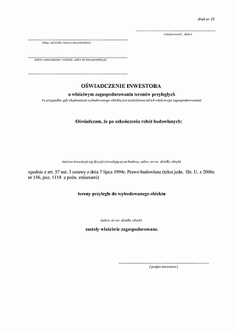 OIWZ-B (P) Oświadczenie inwestora o własciwym zagospodarowaniu terenow przyleglych Powiat Bydgoszcz