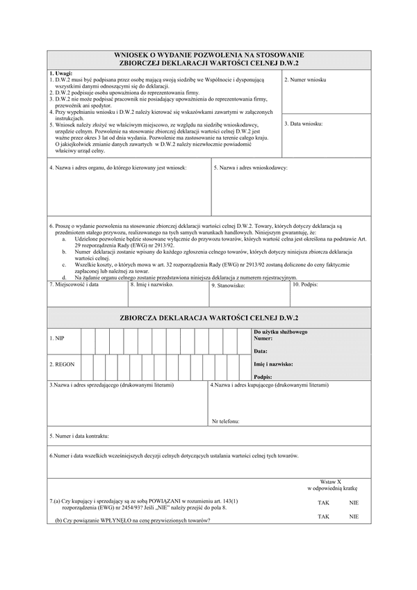 D.W.2 Wniosek o wydanie pozwolenia na stosowanie zbiorczej deklaracji wartości celnej D.W.2