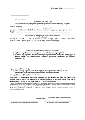 OKBZR(ZO)-Wa Oświadczenie kierownika budowy o zakończeniu robót Warszawa z odstępstwami od projektu