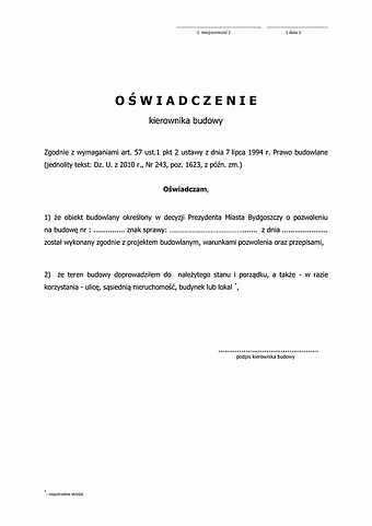 OKBZRBZ-B(P) Oświadczenie kierownika budowy o zakończeniu robót budowlanych bez zmian Bydgoszcz