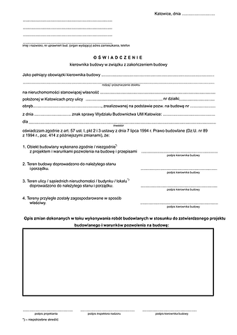 OKBZR-Kat Oświadczenie kierownika budowy w związku z zakończeniem budowy Katowice