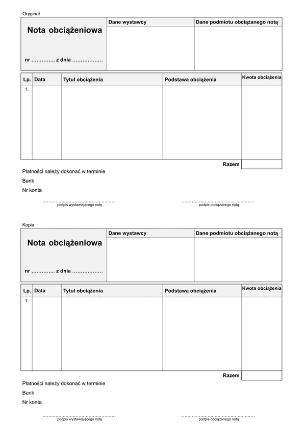 NOb Nota obciążeniowa - jedna pozycja