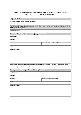 ZPPdGwW-Prez Zgoda na przyjęcie pełnomocnictwa do głosowania w wyborach Prezydenta Rzeczypospolitej Polskiej
