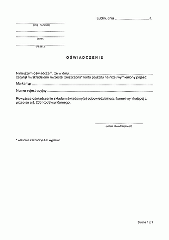 OOKUK-L Oświadczenie o odpowiedzialności karnej - utrata karty pojazdu Lublin