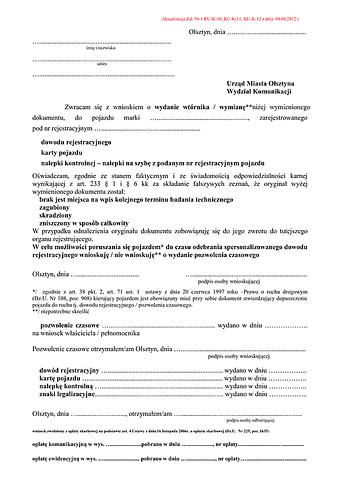WoWDR-Ol Wniosek o wymianę lub wydanie wtórnika dowodu rejestracyjnego, karty pojazdu lub nalepki kontrolnej Olsztyn