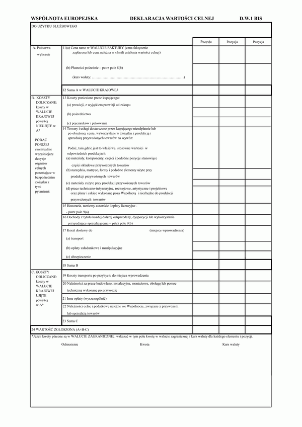 D.W.1 BIS Deklaracja wartości celnej D.W.1 BIS
