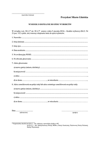 WDSW(s)-G Wniosek o dopisanie do listy wyborców (dot. żołnierzy, ratowników służby w OC, funkcjonariuszy Policji, BOR-u, Straży Granicznej, Państwowej Straży Pożarnej, Służby Więziennej) Gdańsk